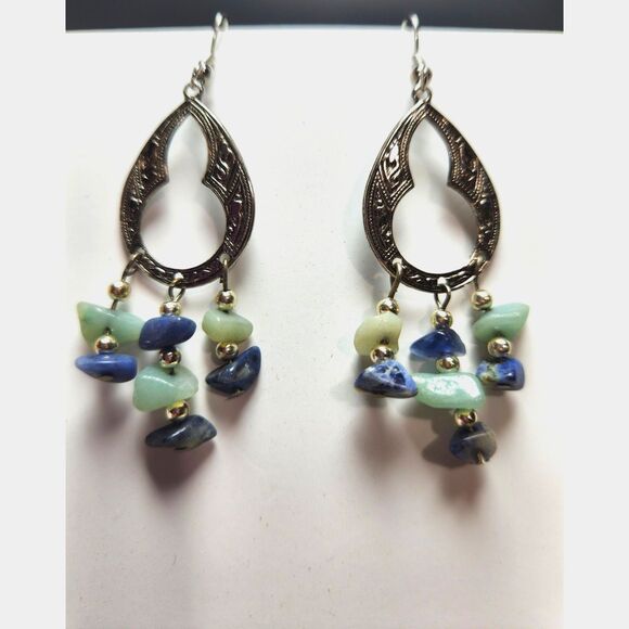 Boho Silver Tone Teardrop Earrings with Blue & Green Gemstone Chip Dangles - Picture 1 of 4